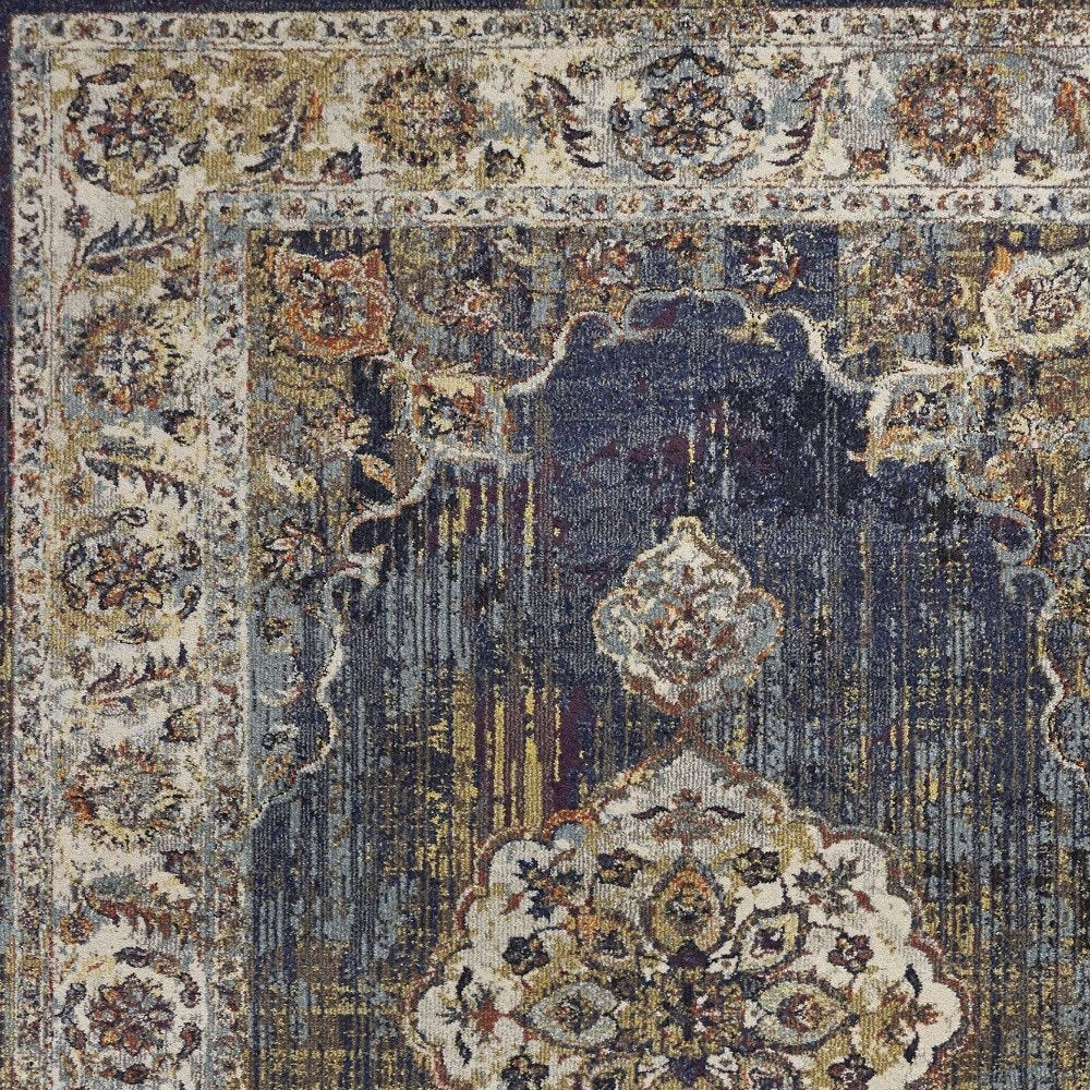 3' X 5' Navy Blue Gold And Ivory Medallion Area Rug