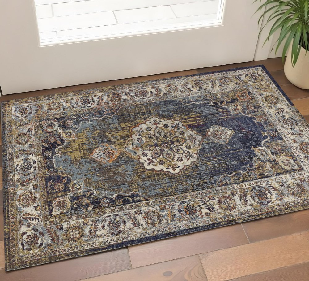 3' X 5' Navy Blue Gold And Ivory Medallion Area Rug