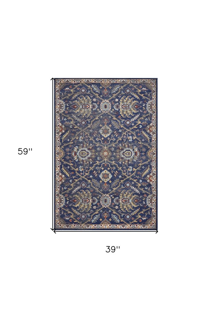 3' X 5' Royal Blue Gold And Gray Medallion Area Rug