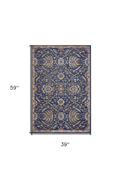 3' X 5' Royal Blue Gold And Gray Medallion Area Rug