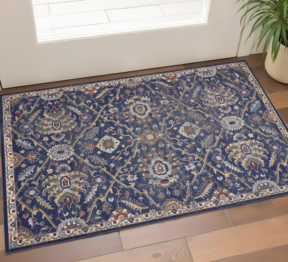 3' X 5' Royal Blue Gold And Gray Medallion Area Rug