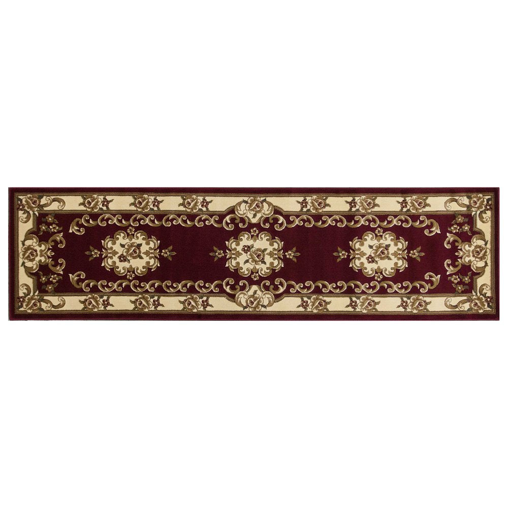 8' Red and Ivory Floral Border Runner Rug