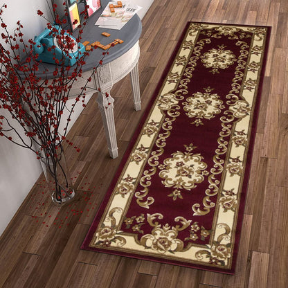 8' Red and Ivory Floral Border Runner Rug