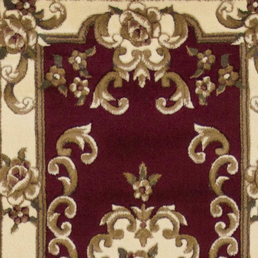 8' Red and Ivory Floral Border Runner Rug