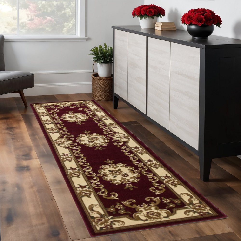 8' Red and Ivory Floral Border Runner Rug