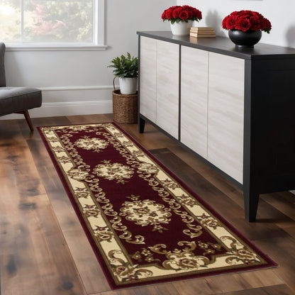 8' Red and Ivory Floral Border Runner Rug