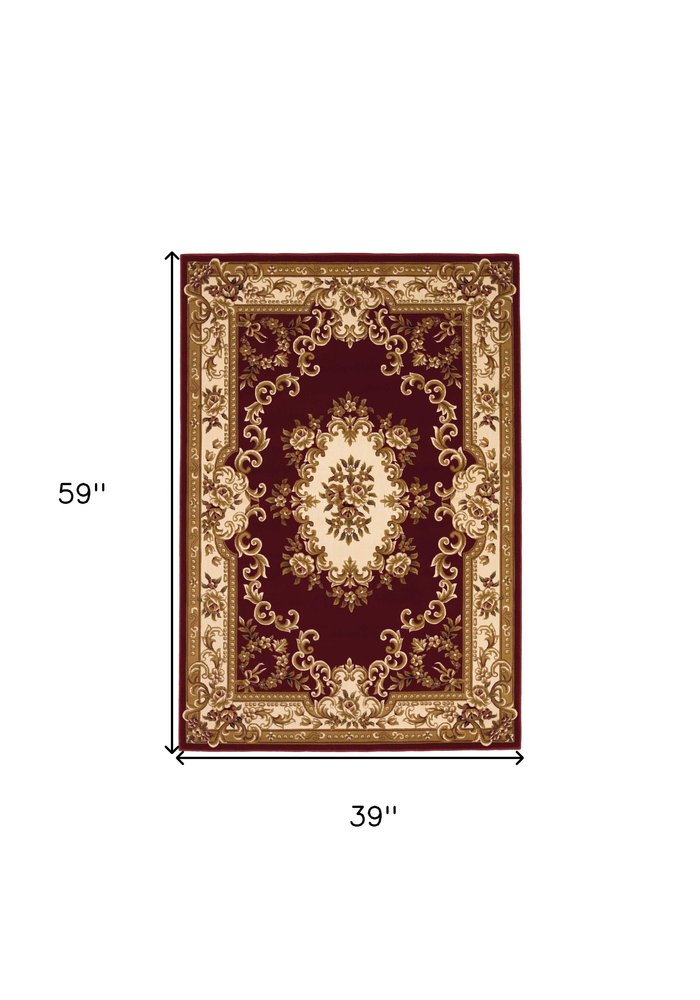 8' Red and Ivory Floral Border Runner Rug