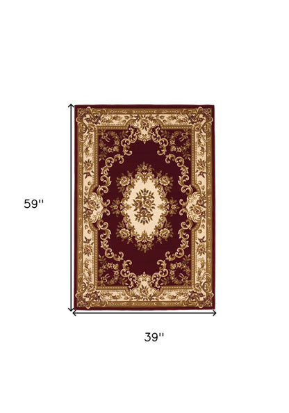 8' Red and Ivory Floral Border Runner Rug