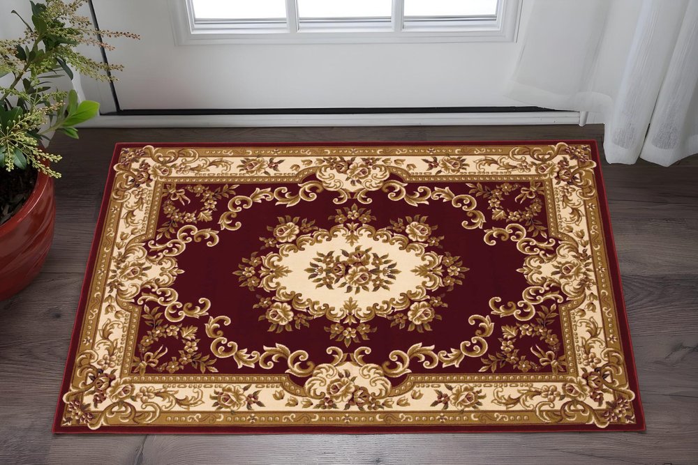 8' Red and Ivory Floral Border Runner Rug