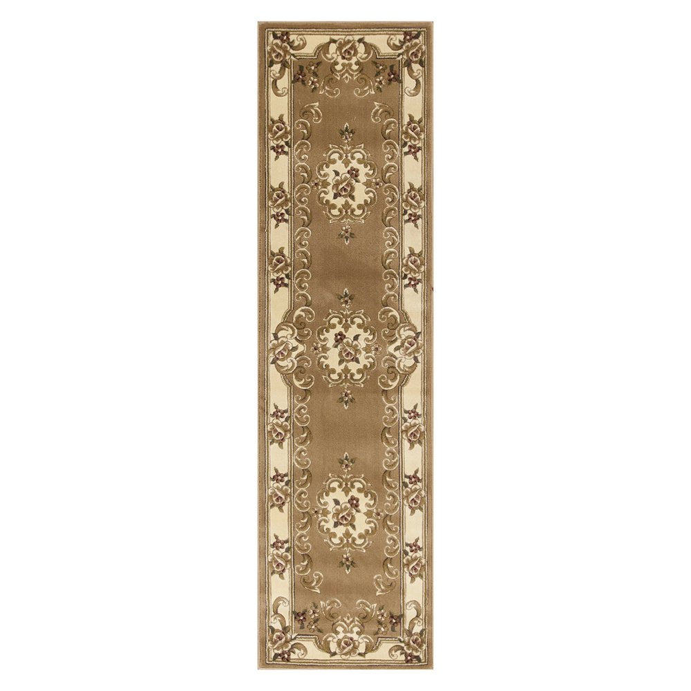 8' Beige Ivory And Brown Floral Medallion Runner Rug
