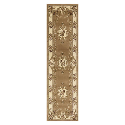 8' Beige Ivory And Brown Floral Medallion Runner Rug
