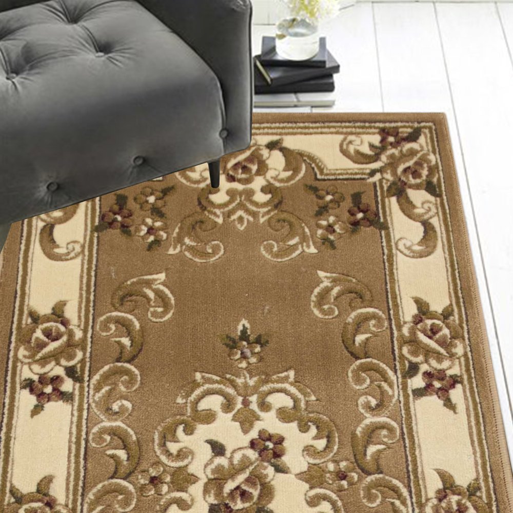 8' Beige Ivory And Brown Floral Medallion Runner Rug