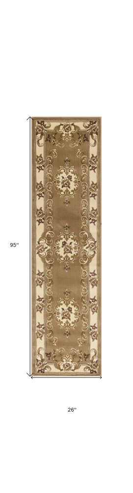 8' Beige Ivory And Brown Floral Medallion Runner Rug
