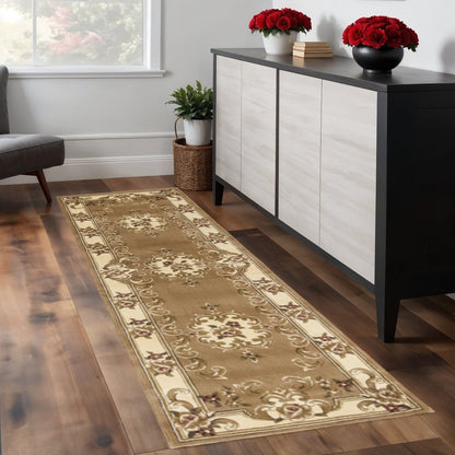 8' Beige Ivory And Brown Floral Medallion Runner Rug