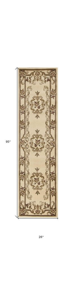 8' Beige And Brown Floral Medallion Runner Rug