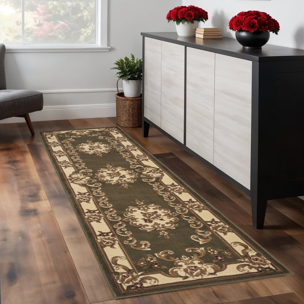 8' Green And Ivory Floral Medallion Runner Rug