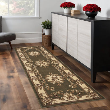 8' Green And Ivory Floral Medallion Runner Rug