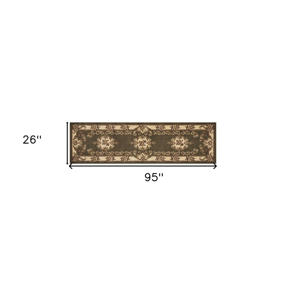 8' Green And Ivory Floral Medallion Runner Rug