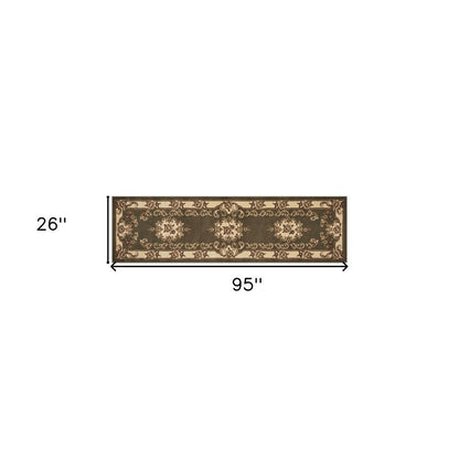 8' Green And Ivory Floral Medallion Runner Rug