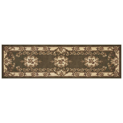 8' Green And Ivory Floral Medallion Runner Rug