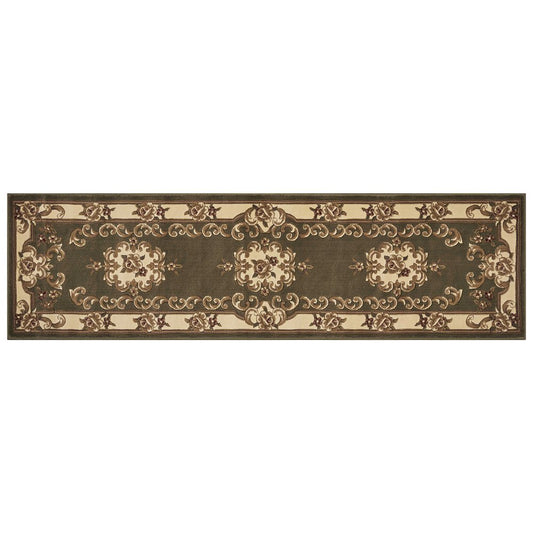 8' Green And Ivory Floral Medallion Runner Rug