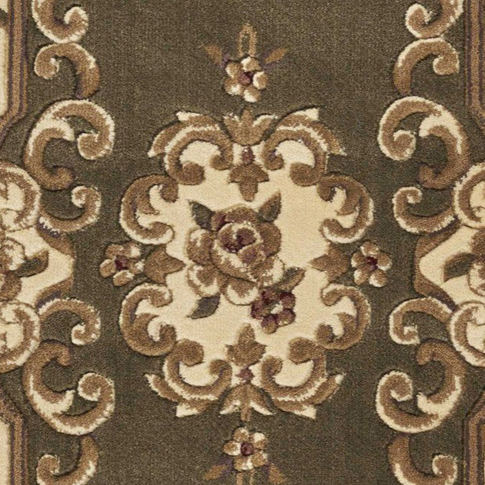 8' Green And Ivory Floral Medallion Runner Rug