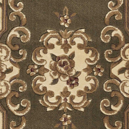 8' Green And Ivory Floral Medallion Runner Rug