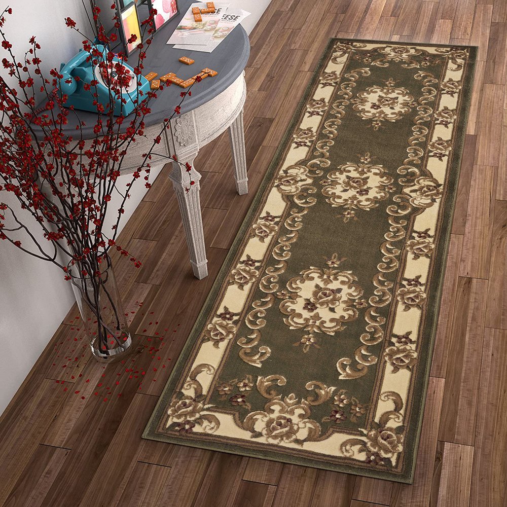 8' Green And Ivory Floral Medallion Runner Rug