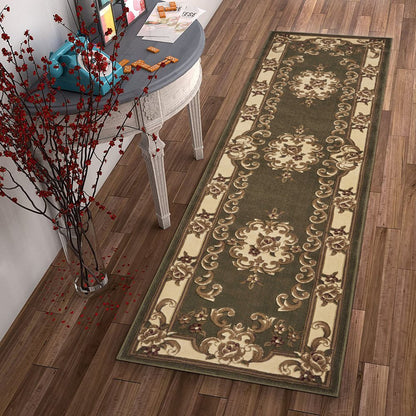 8' Green And Ivory Floral Medallion Runner Rug