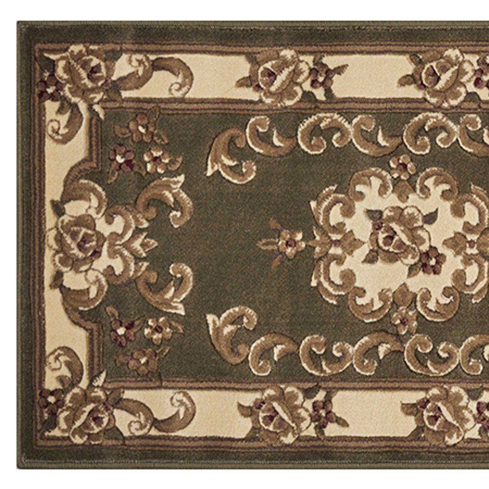 8' Green And Ivory Floral Medallion Runner Rug