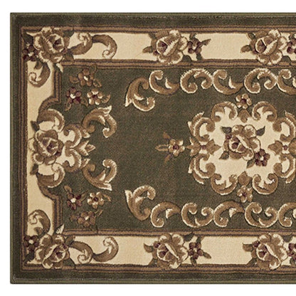 8' Green And Ivory Floral Medallion Runner Rug