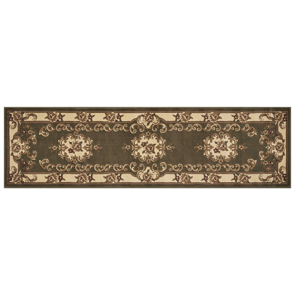 8' Green And Ivory Floral Medallion Runner Rug
