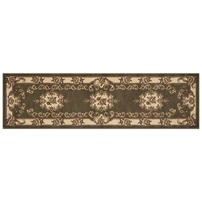 8' Green And Ivory Floral Medallion Runner Rug