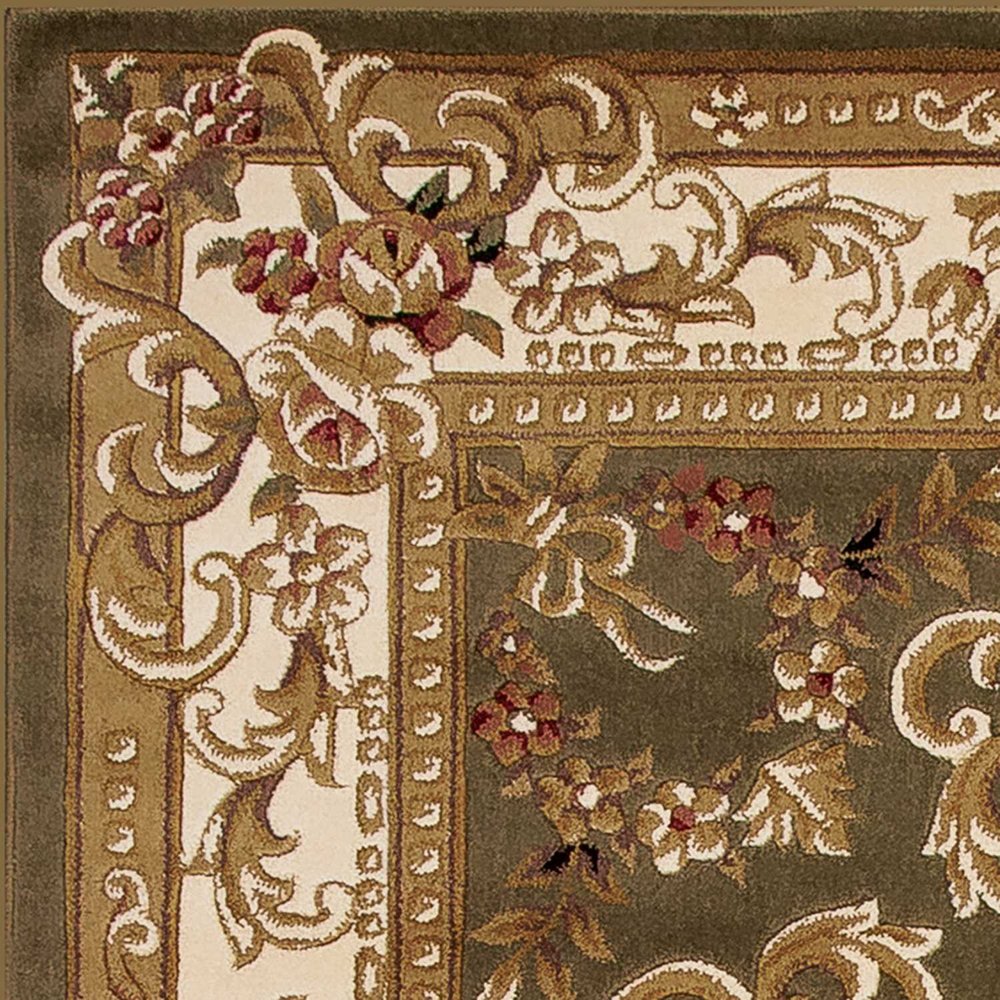 8' Green And Ivory Floral Medallion Runner Rug