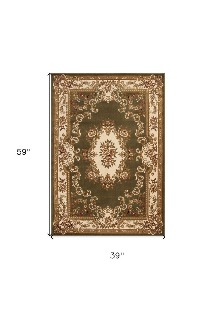 8' Green And Ivory Floral Medallion Runner Rug