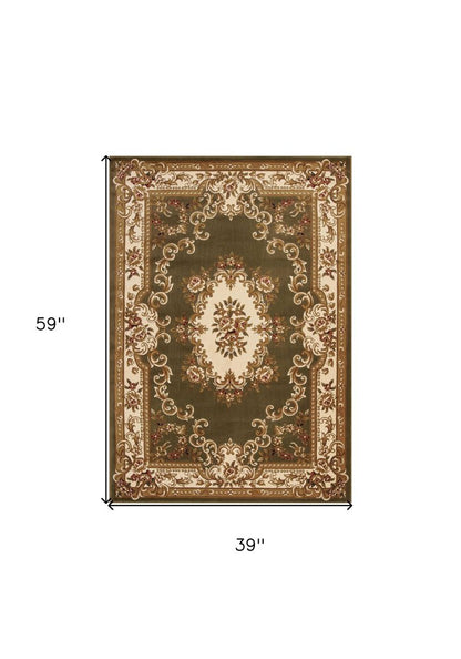 8' Green And Ivory Floral Medallion Runner Rug