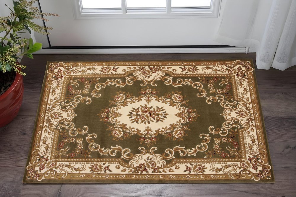 8' Green And Ivory Floral Medallion Runner Rug