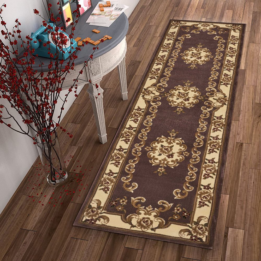 8' Plum And Ivory Floral Medallion Runner Rug