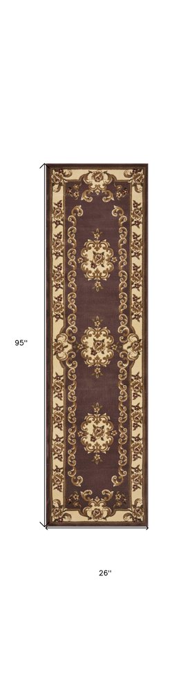 8' Plum And Ivory Floral Medallion Runner Rug