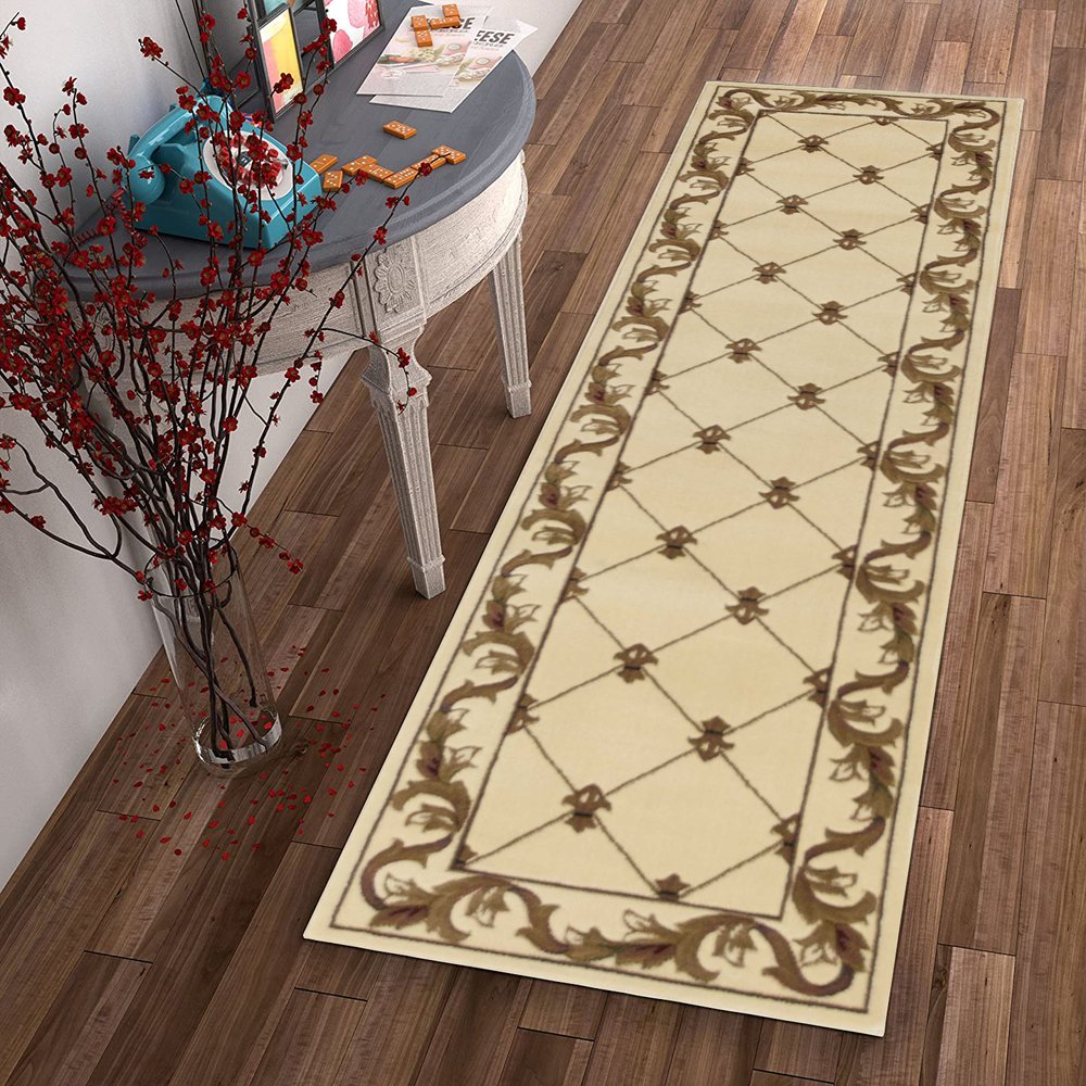 8' Ivory And Brown Floral Vines Runner Rug