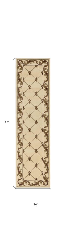 8' Ivory And Brown Floral Vines Runner Rug