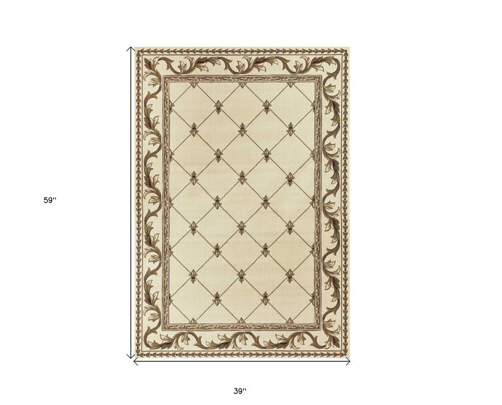 3' X 5' Ivory And Brown Floral Vines Area Rug