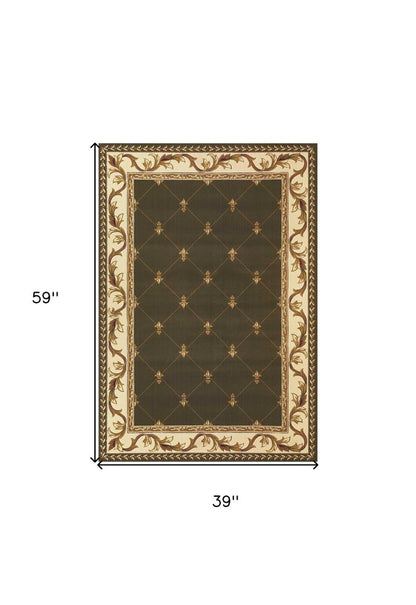 3' X 5' Dark Green Ivory And Brown Floral Vines Area Rug