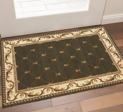 3' X 5' Dark Green Ivory And Brown Floral Vines Area Rug