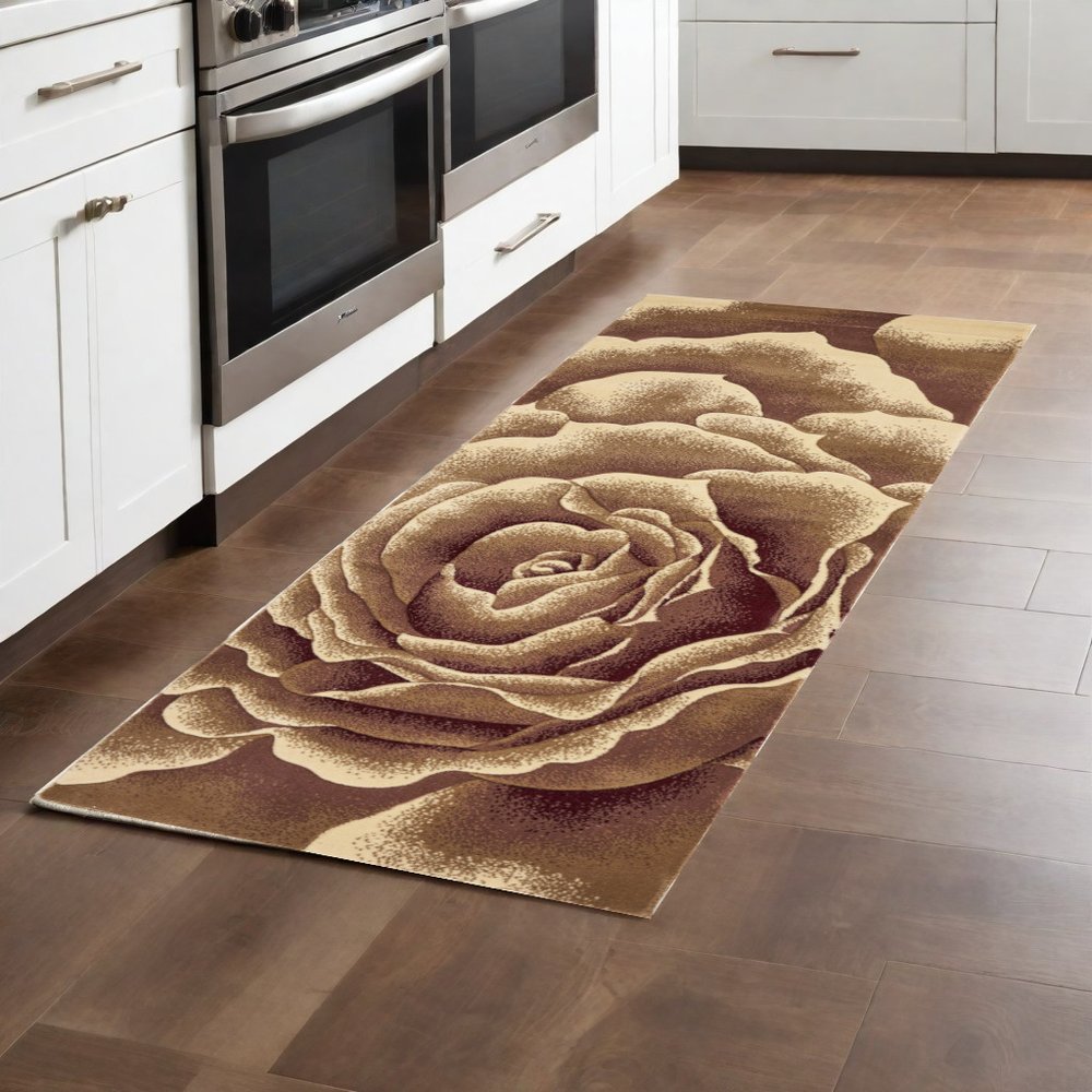 8' Ivory Brown And Red Floral Area Rug
