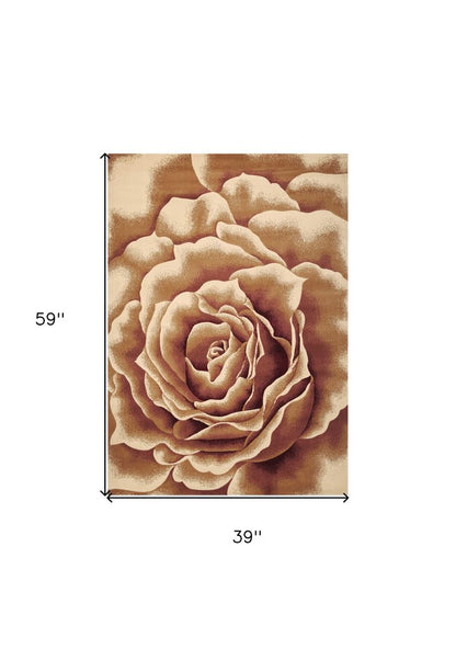 3' X 5' Ivory Brown And Red Floral Area Rug