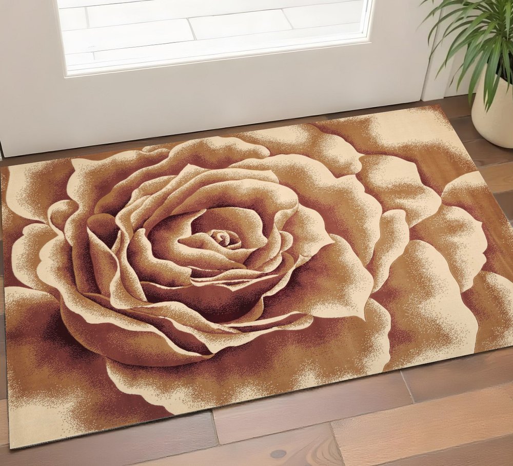 3' X 5' Ivory Brown And Red Floral Area Rug