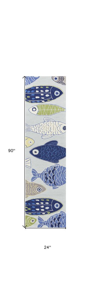 8' Blue Ivory And Green Fish Hand Tufted Runner Rug