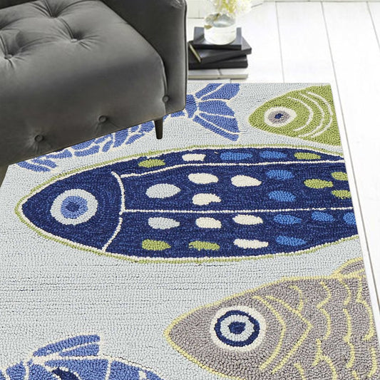 8' Blue Ivory And Green Fish Hand Tufted Runner Rug