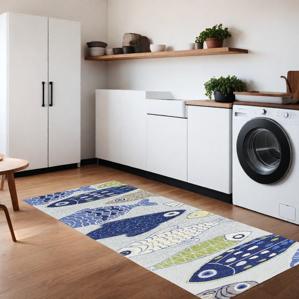 8' Blue Ivory And Green Fish Hand Tufted Runner Rug